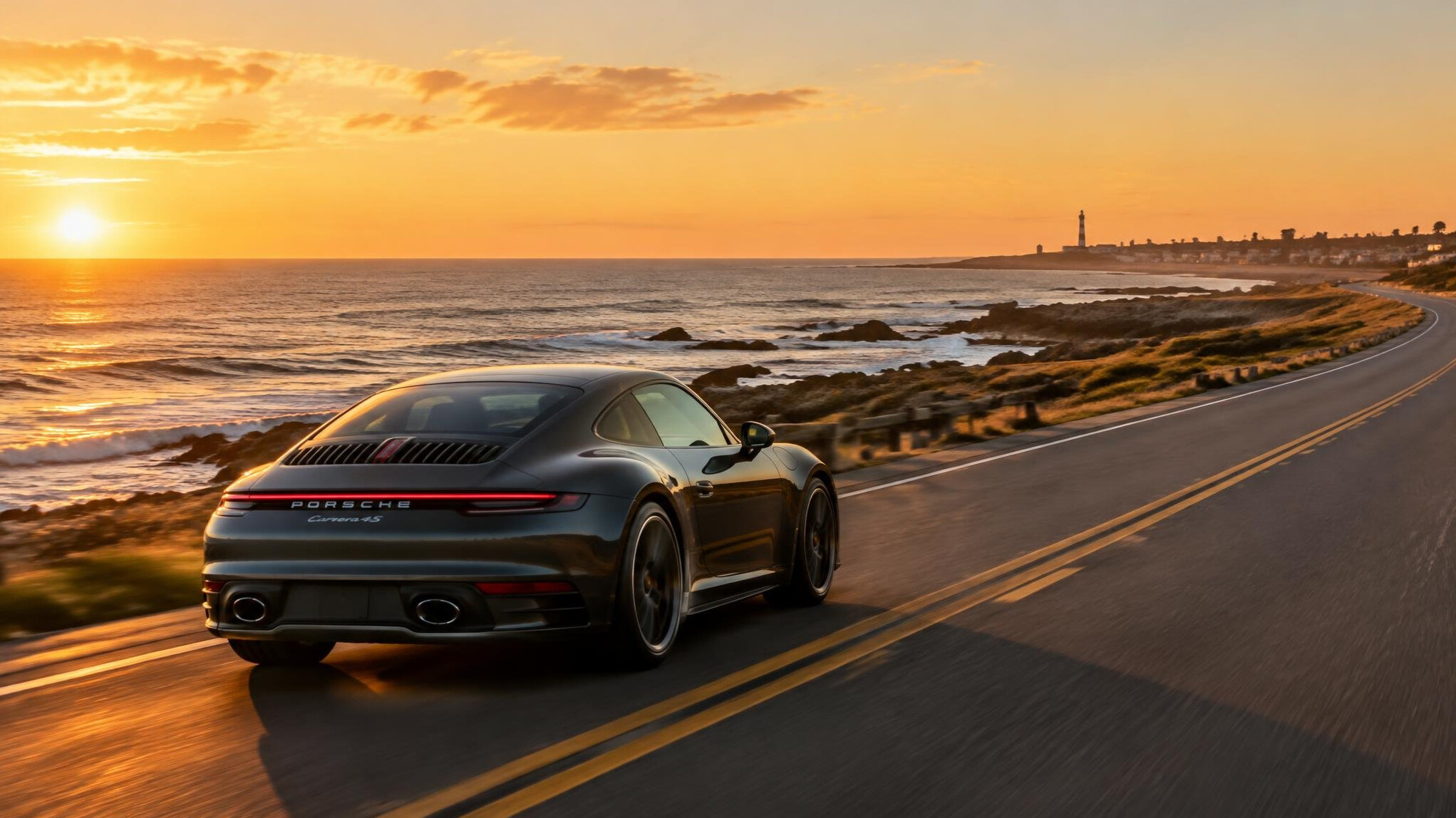 Sports car driving along a coastal road at golden hour